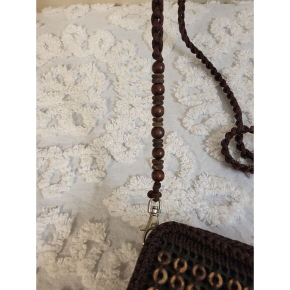 Handmade Brown Crochet Coconut Shell Beaded Flower Small Crossbody Bag Resort - Picture 2 of 7